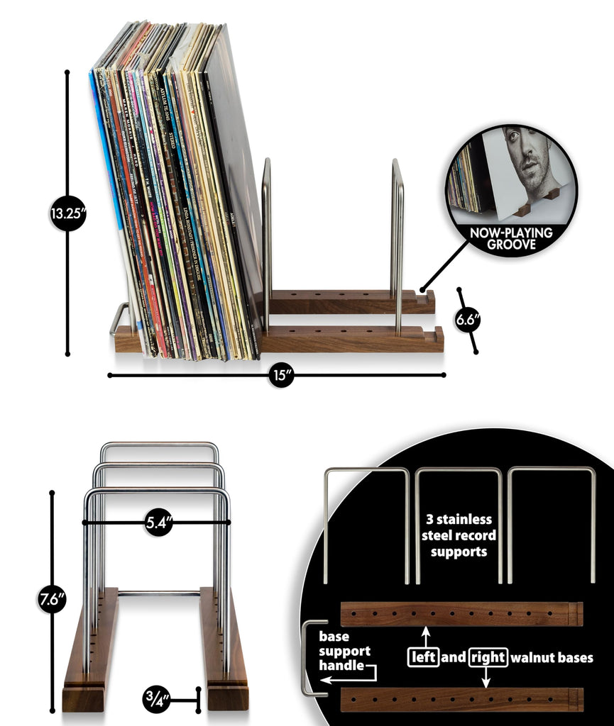 Vinyl Record Storage Holder, 75 LPs, Solid Walnut & Steel