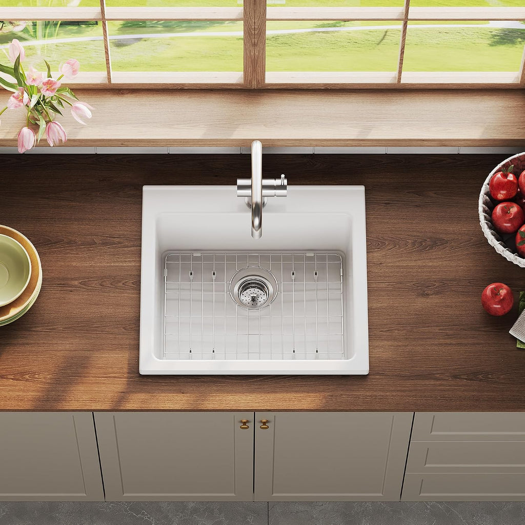 Farmhouse Sink 24 Inch, White Fireclay Ceramic Apron Front Kitchen Sink, Large Single Bowl Basin Laundry Room, Glossy