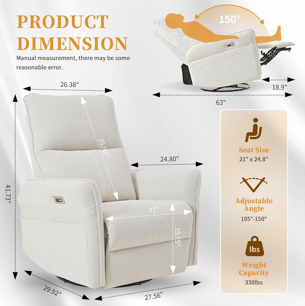 Power Swivel Rocker Recliner Chair , Upholstered Snowflake Velvet 270°Swivel Glider Rocker Chair with USB Ports