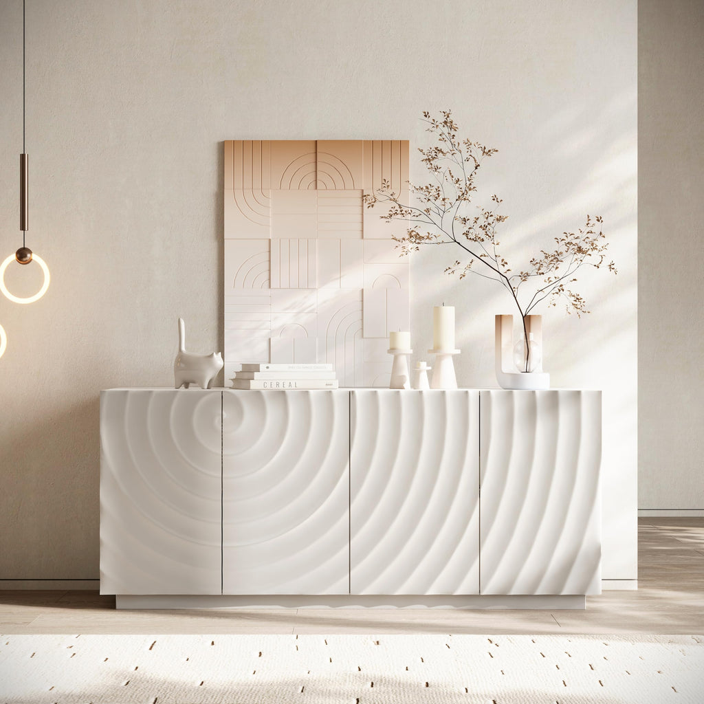 4 Door Modern Sideboard Buffet Cabinet, Accent Storage Sideboard with Water Ripple Door Panels Credenza Cabinet