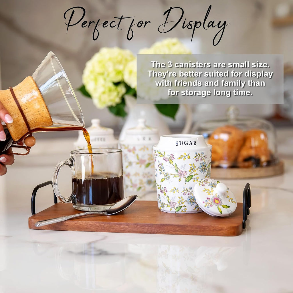 Small Coffee Tea Sugar Canister Set with Airtight Lids - Elegant Flower Kitchen Canisters Pantry Jars - Set of 3