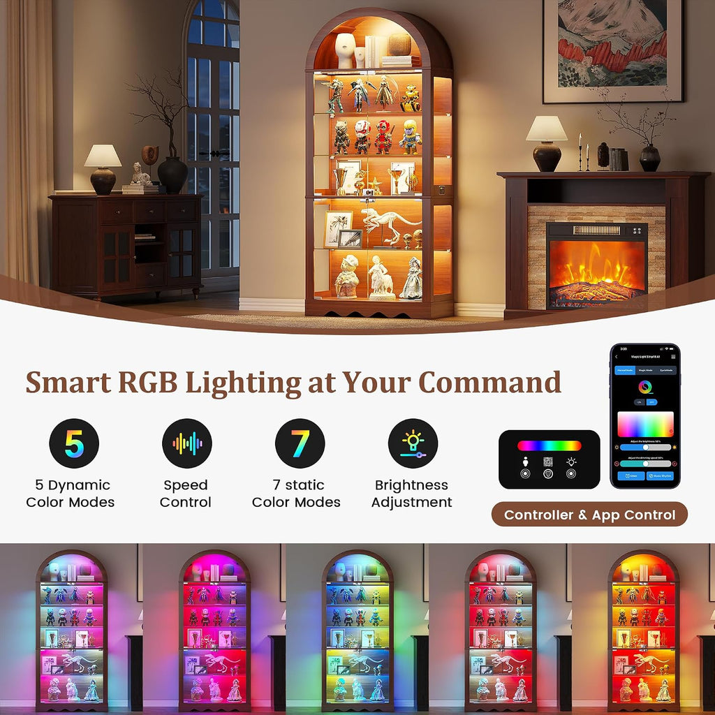 6-Tier Arched Glass Display Cabinet with RGB Lights & Lock | Curio Display Case, Glass Doors, Adjustable Large