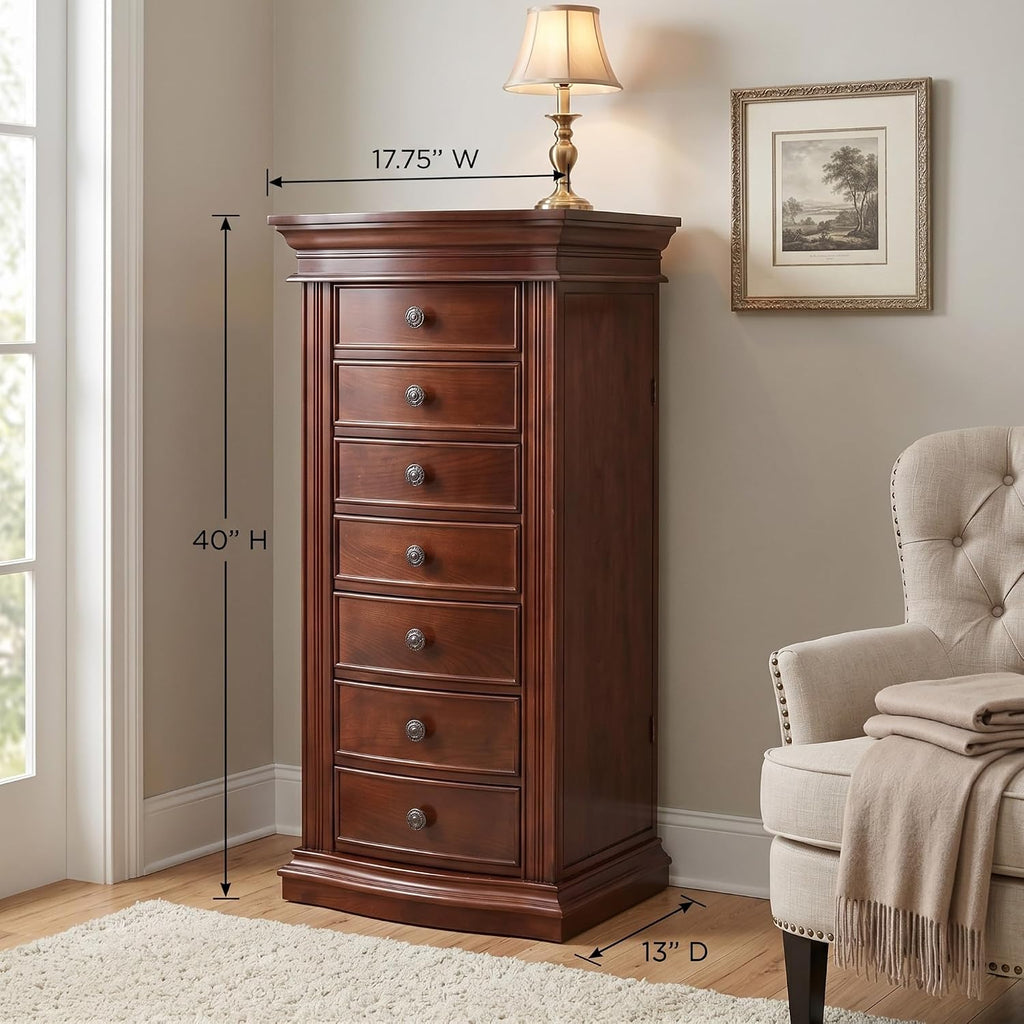 Luke Standing Jewelry Armoire - Large 7-Drawer Wooden Organizer with Mirror, Side Doors, and Anti-Tarnish Lining