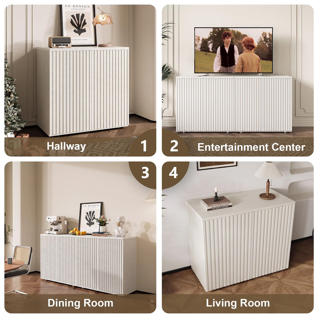 94.5" Fluted Sideboard Cabinet with Storage, Buffet Credenza, White