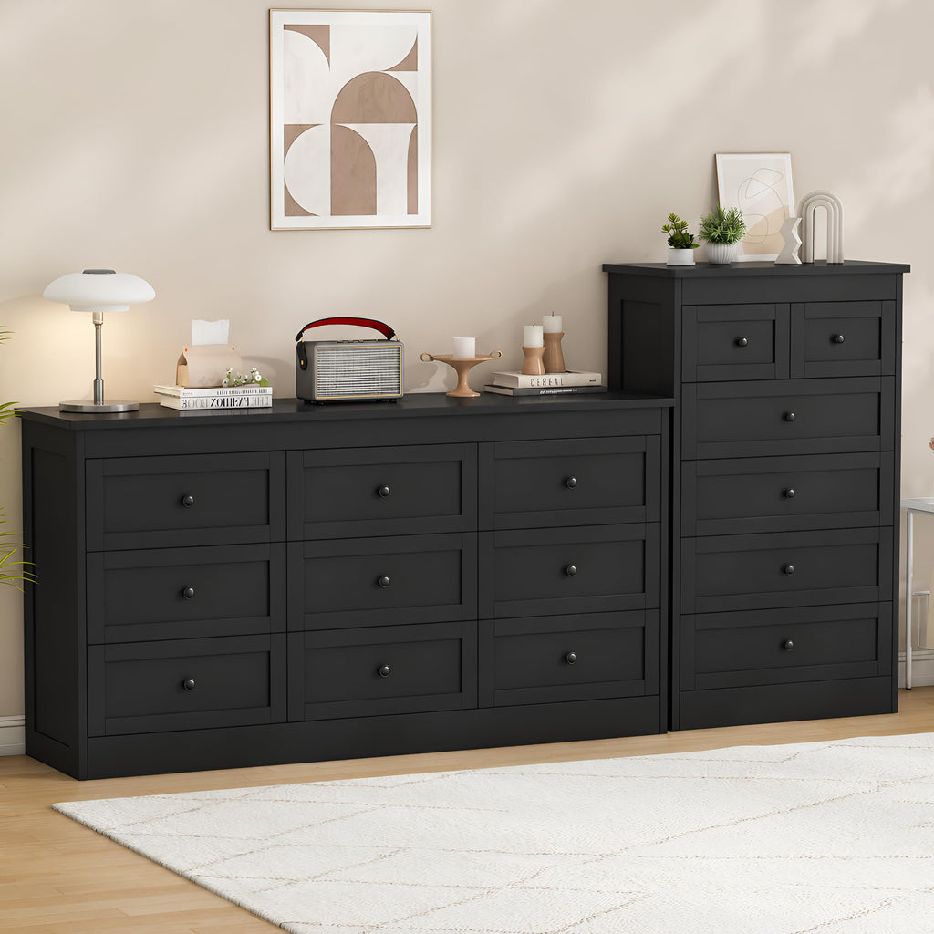 Tall 6 Drawer Dresser, Black Modern 43.3'' Tall Wood Chest of Drawers, Storage Organizer with Smooth Metal Rails &