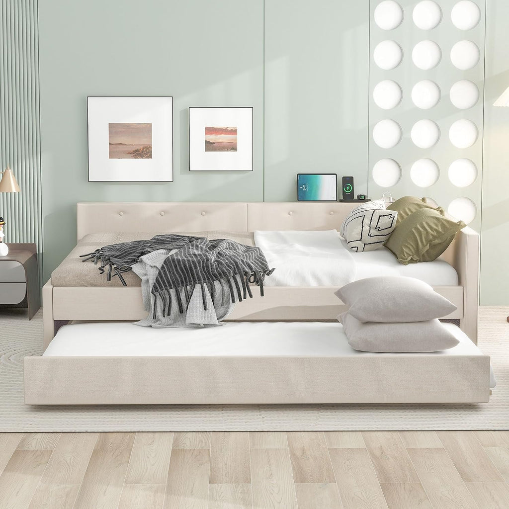 Queen Size Daybed with Storage and USB, Modern Cloud Bed Frame with Twin Size Trundle, Linen Upholstered Platform