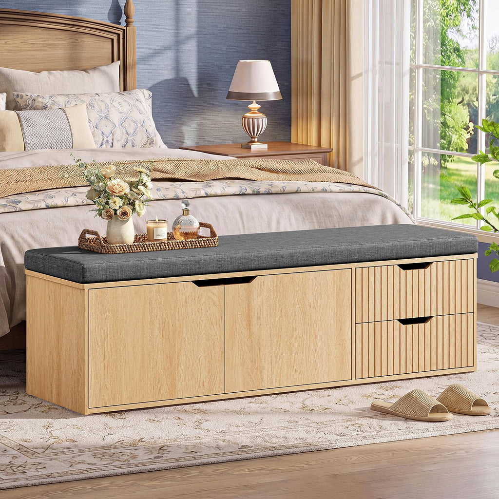 59" Storage Bench with Drawer, 2-Tier Shoe Bench with Storage, Long Entryway Bench, Thickened Cushion, Adjustable