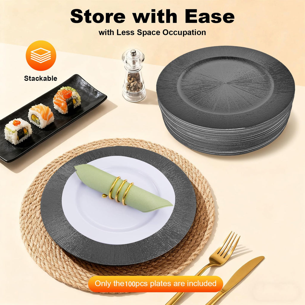 13 Inch Round Charger Plates Bulk 100 Pcs Black Elegant Serve Ware Charger Plates Matte Surface Reusable Plastic
