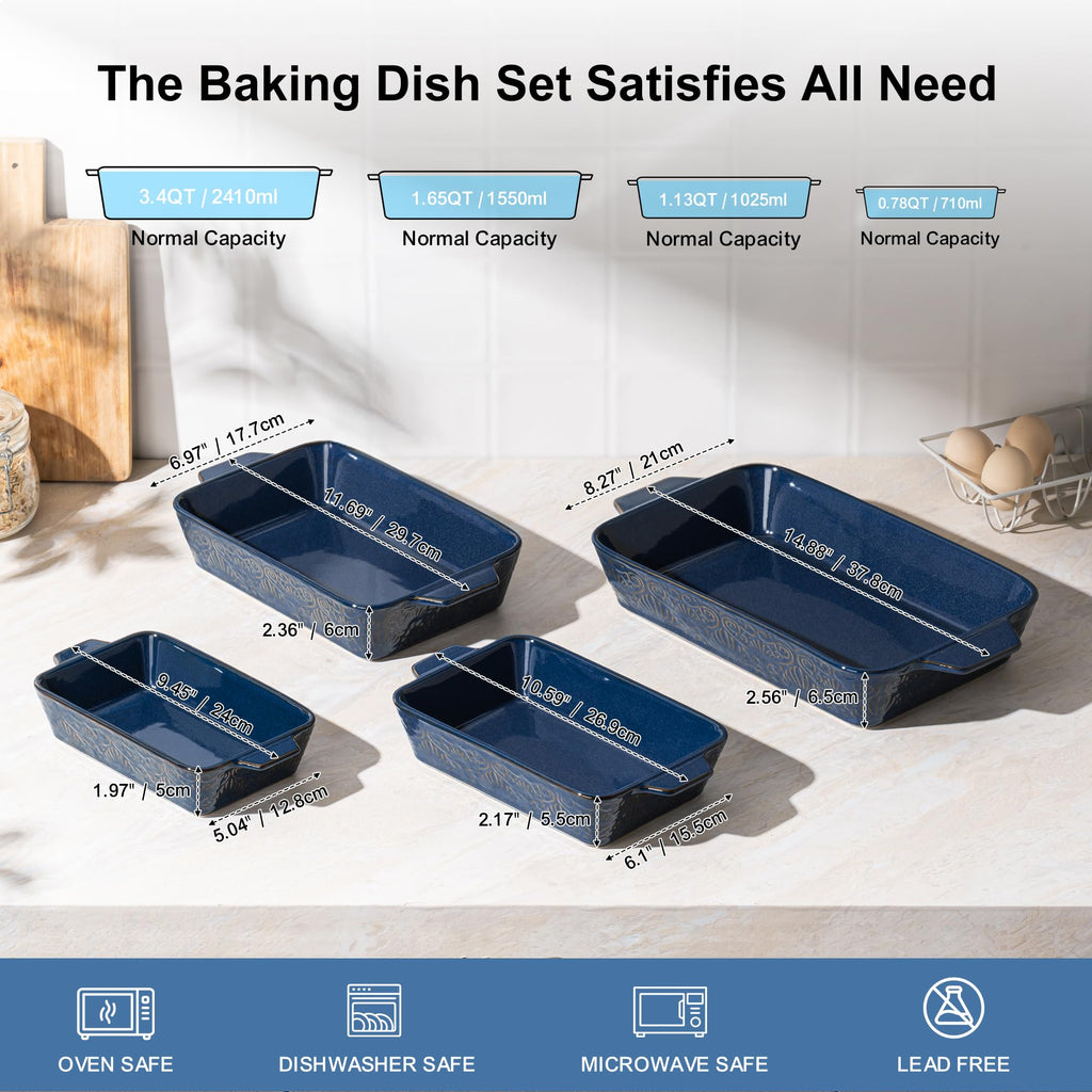 Casserole Dishes for Oven, Baking Dishes, Ceramic Bakeware Sets of 4, Rectangular Baking Pan Set with Handles for