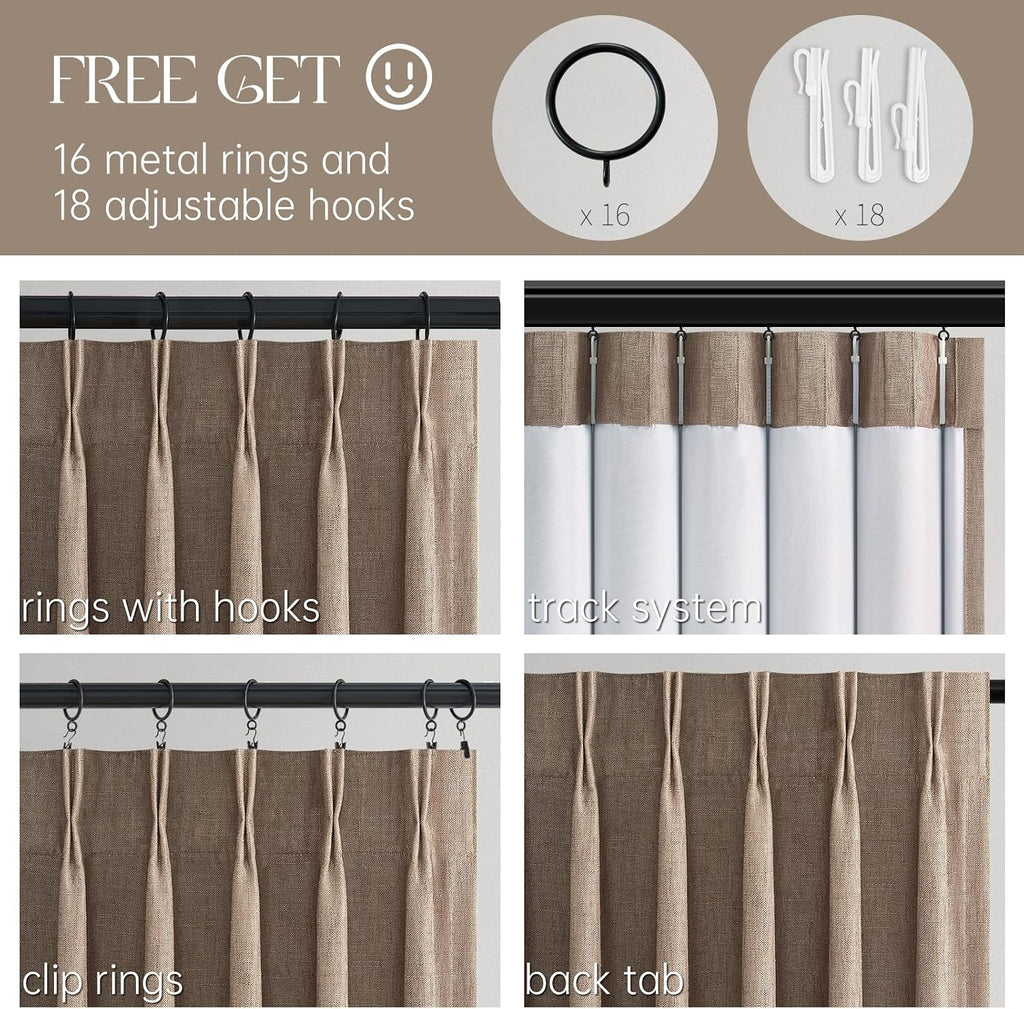 Dark Flax 90 Inches Long Linen Curtains,Full Blackout Pinch Pleated Thermal Insulated Soundproof Curtains,Dark Flax