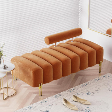 52" Velvet Bench Bedroom Ottoman Bench with Adjustable Back, Orange