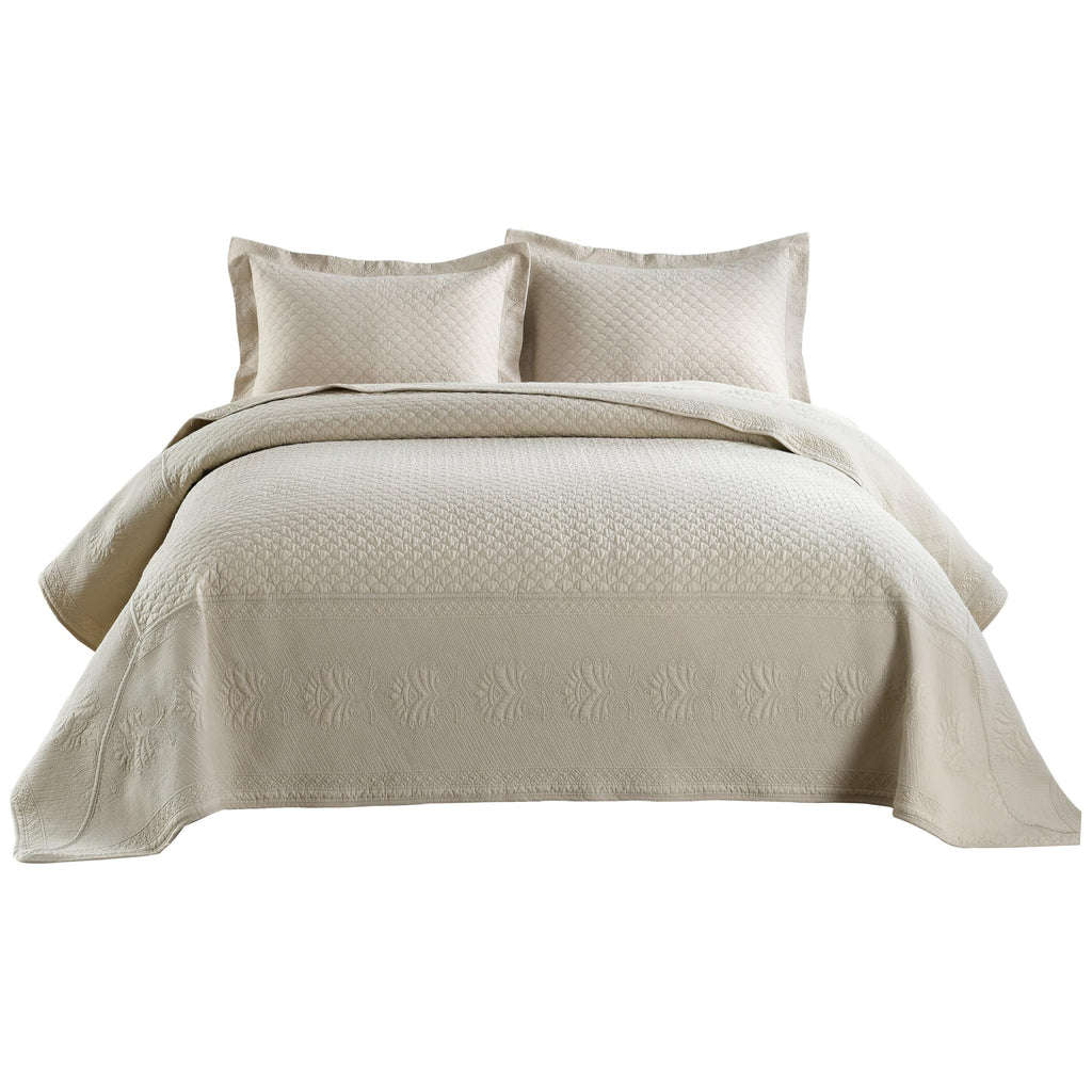 3-Piece 100% Cotton Oversized Bedspread Lightweight Quilt Coverlet Embroidery Farmhouse Bedding Set (TM Khaki Beige