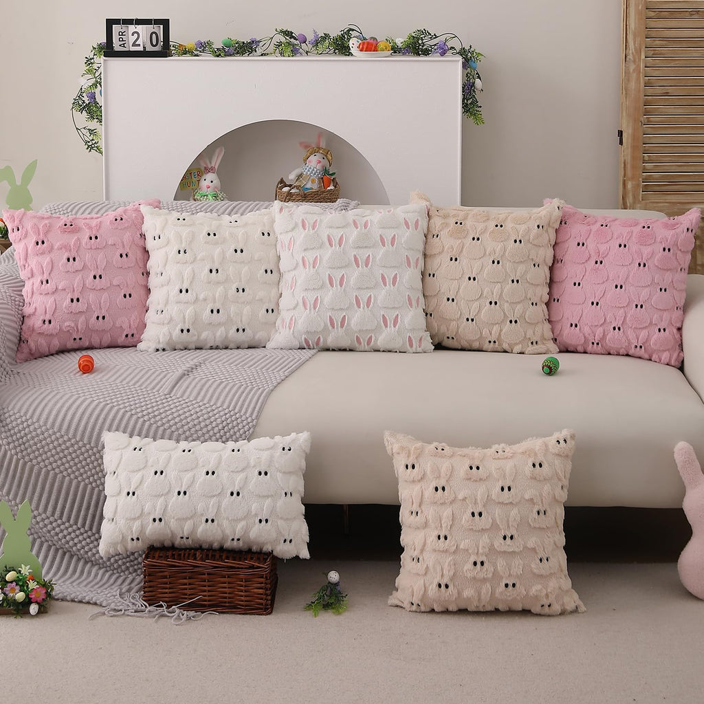 Easter Pillow Covers 18x18 inch Easter Decorations Pink Ears White Rabbit Soft Plush Faux Fur Jacquard Throw - Set of 2