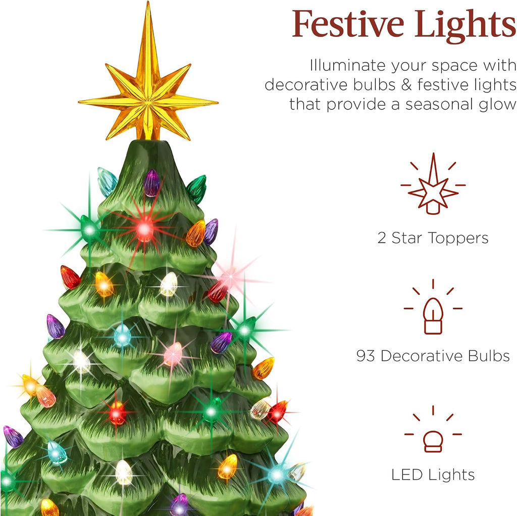 18in Large Ceramic Christmas Tree, Pre-lit Hand-Painted Tabletop Holiday Decoration w/Power Cord, 2 Star, 93