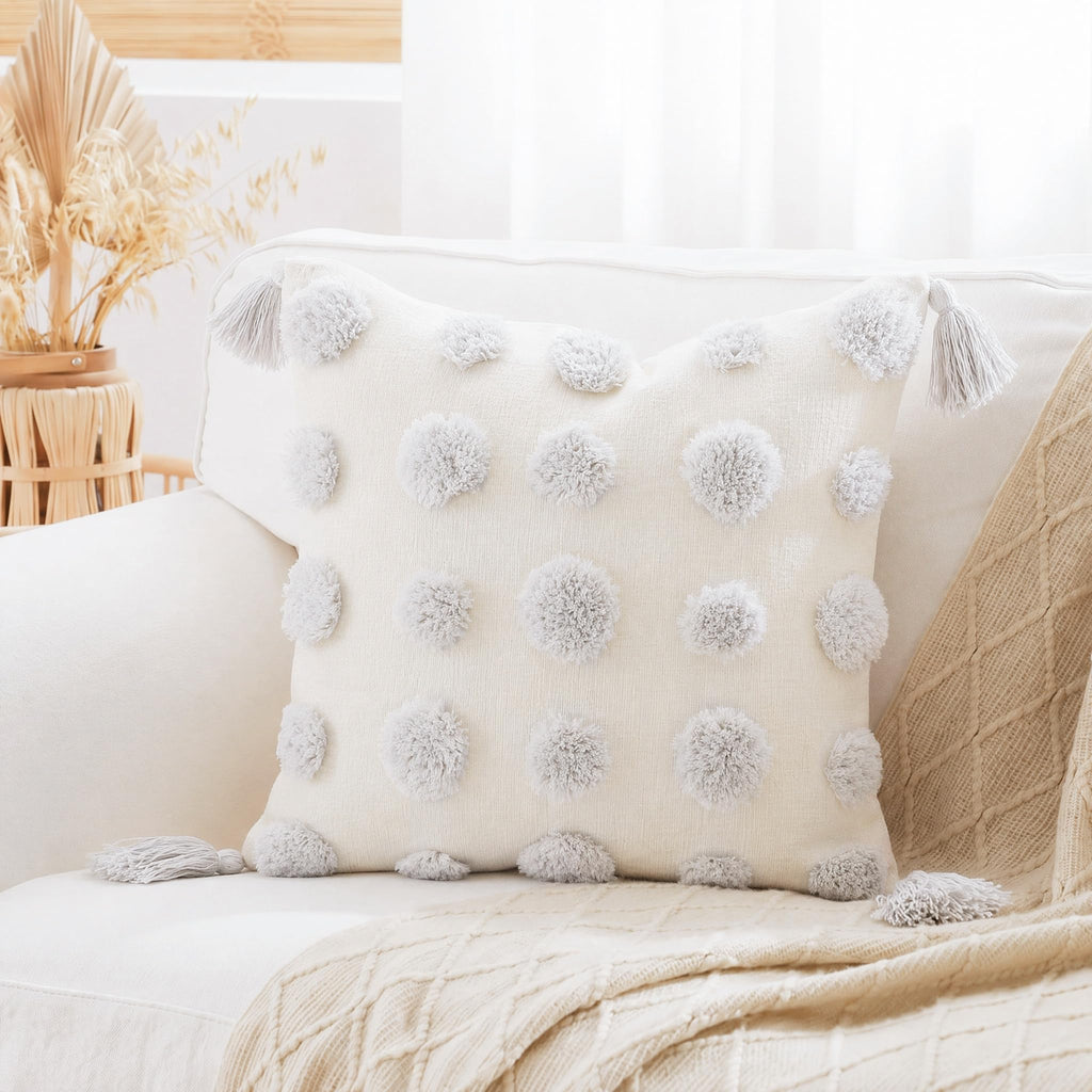 Super Soft Farmhouse Decorative Plush Throw Pillow Covers 22 x 22 White, Solid Pom pom Tufted with Tassels Modern