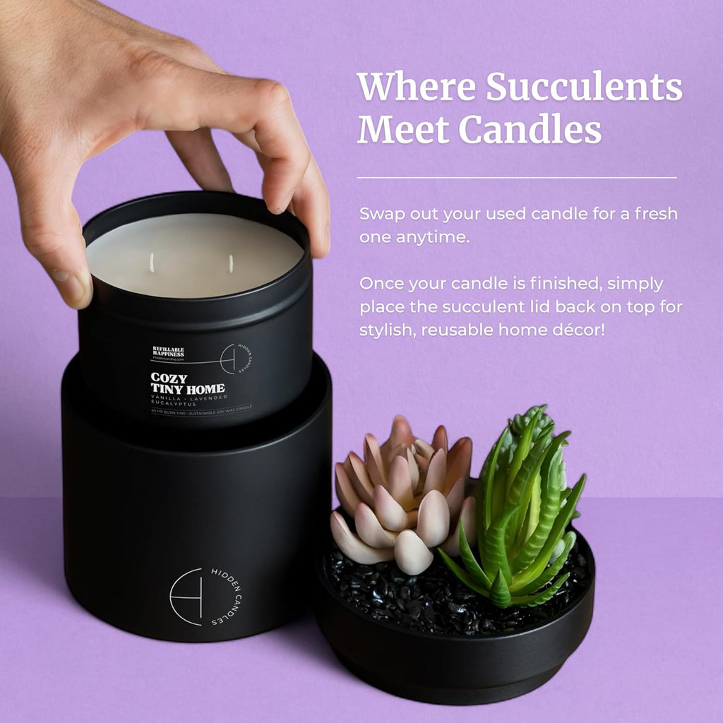 Hidden Candle - Cozy Tiny Home | Vanilla, Lavender & Eucalyptus Scented Candle with Faux Succulent | 10.6oz Soy Wax - Set of 106