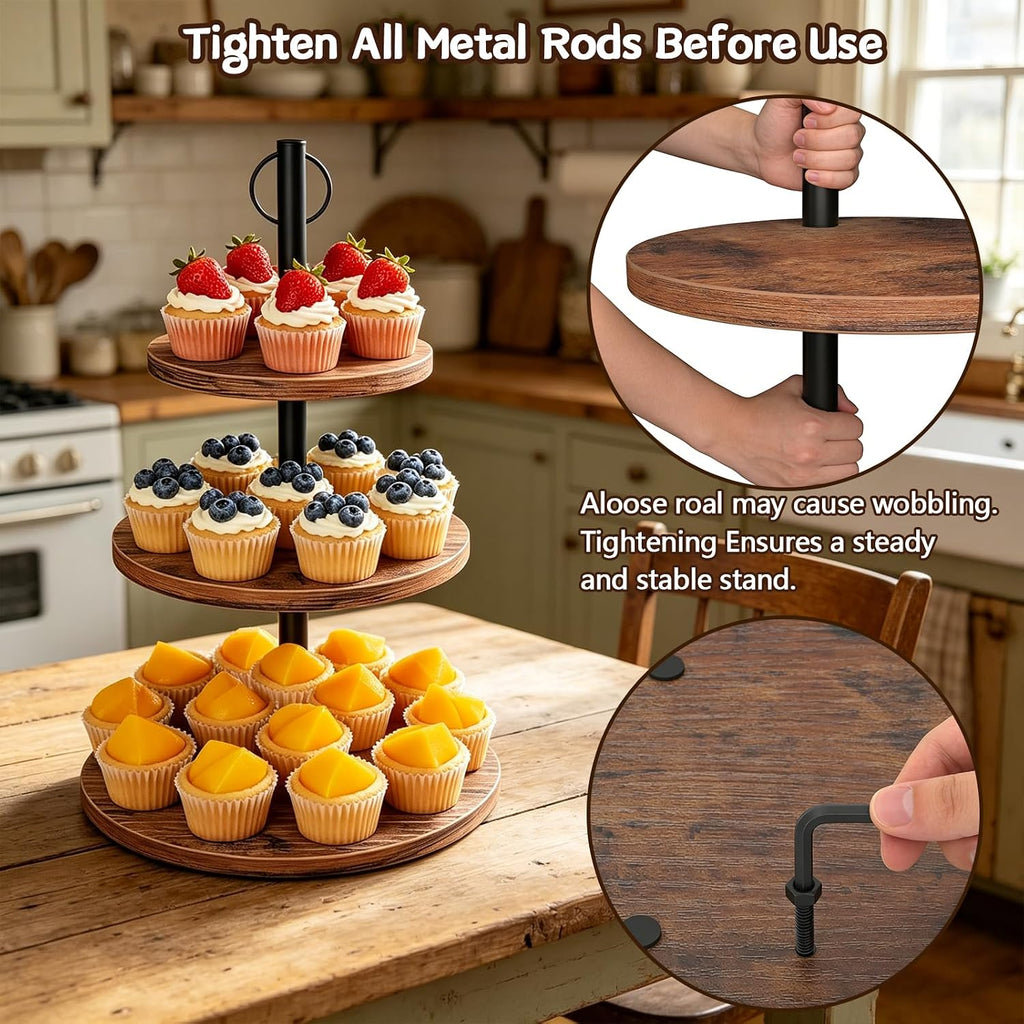 Cupcake Stand, 2 Pack Rustic Wood 3 Tier Cake Stand, Serving Tray - Set of 2