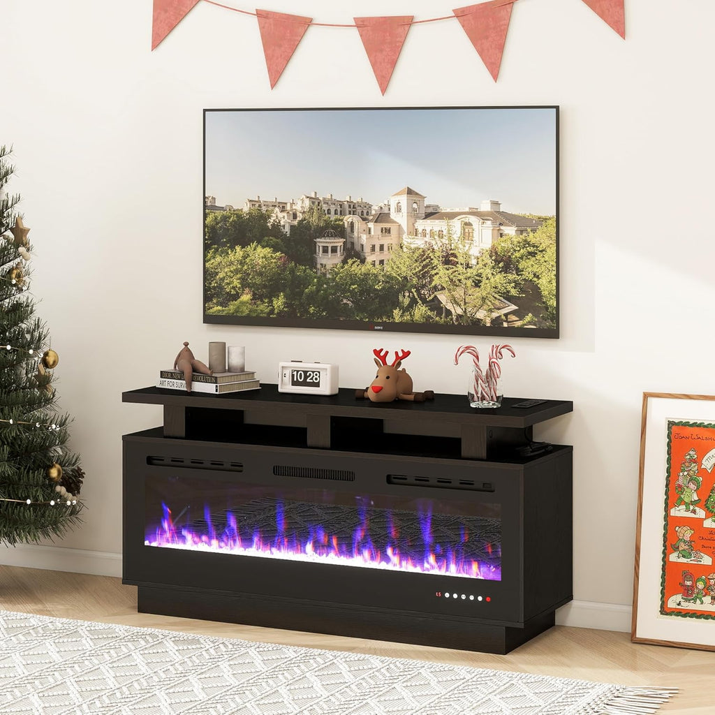 50 Inch Fireplace TV Stand with Electric Fireplace and WiFi, Solid Wood Mantel, Modern Farmhouse Entertainment Center with Power Socket, Black