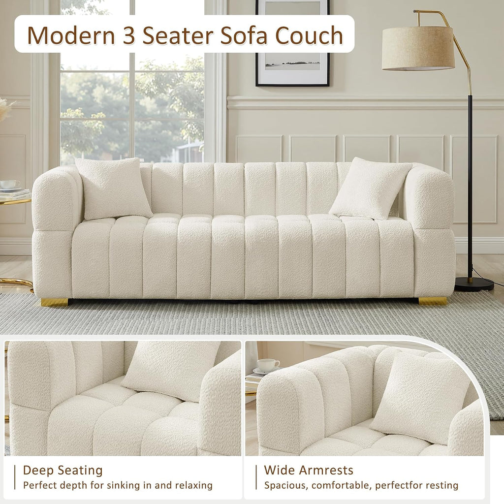 90.94"Cloud Sofa Couch, Modern Deep Seat Boucle Sofa, Oversized Upholstered 3-Seater Comfy Couch Loveseat , White (1