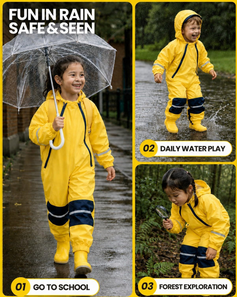 Kids Waterproof Rain Suit Coverall, Hooded One-Piece Puddle Suit for Outdoor Play & Muddy Days