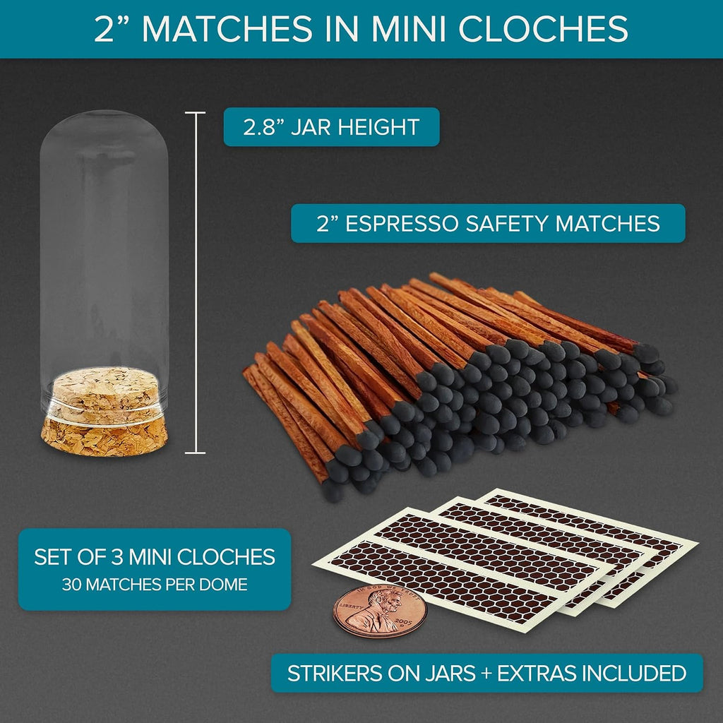 2" Espresso Matches in 3 Mini Cloche Jars + Striker Stickers Included | 100 Brown Stick Black Tip Decorative Matches