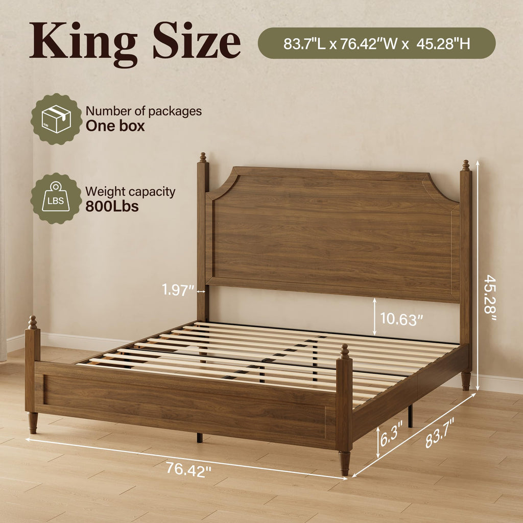 Wood Bed Frame with Curved Headboard, Vintage Bed, Brown