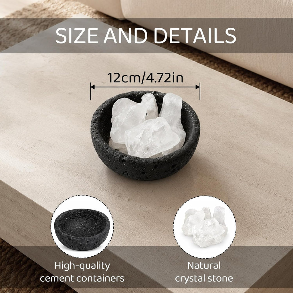 Charcoal Crater Cement Candle Vessel with 7 Crystal Stones - Handmade Textured Cement Bowl in Charcoal | Decorative