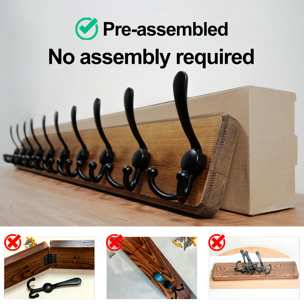 Coat Rack Wall Mount, 38 9/16" Long, 10 Hooks, Coat Hooks Wall Mounted, Coat Hanger Wall, Farmhouse Wood Hook Rack