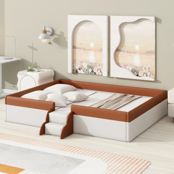 Queen Size Kids Floor Bed, Daybed Frame with Fence & Stairs, Upholstered Wood Bed , Brown+White