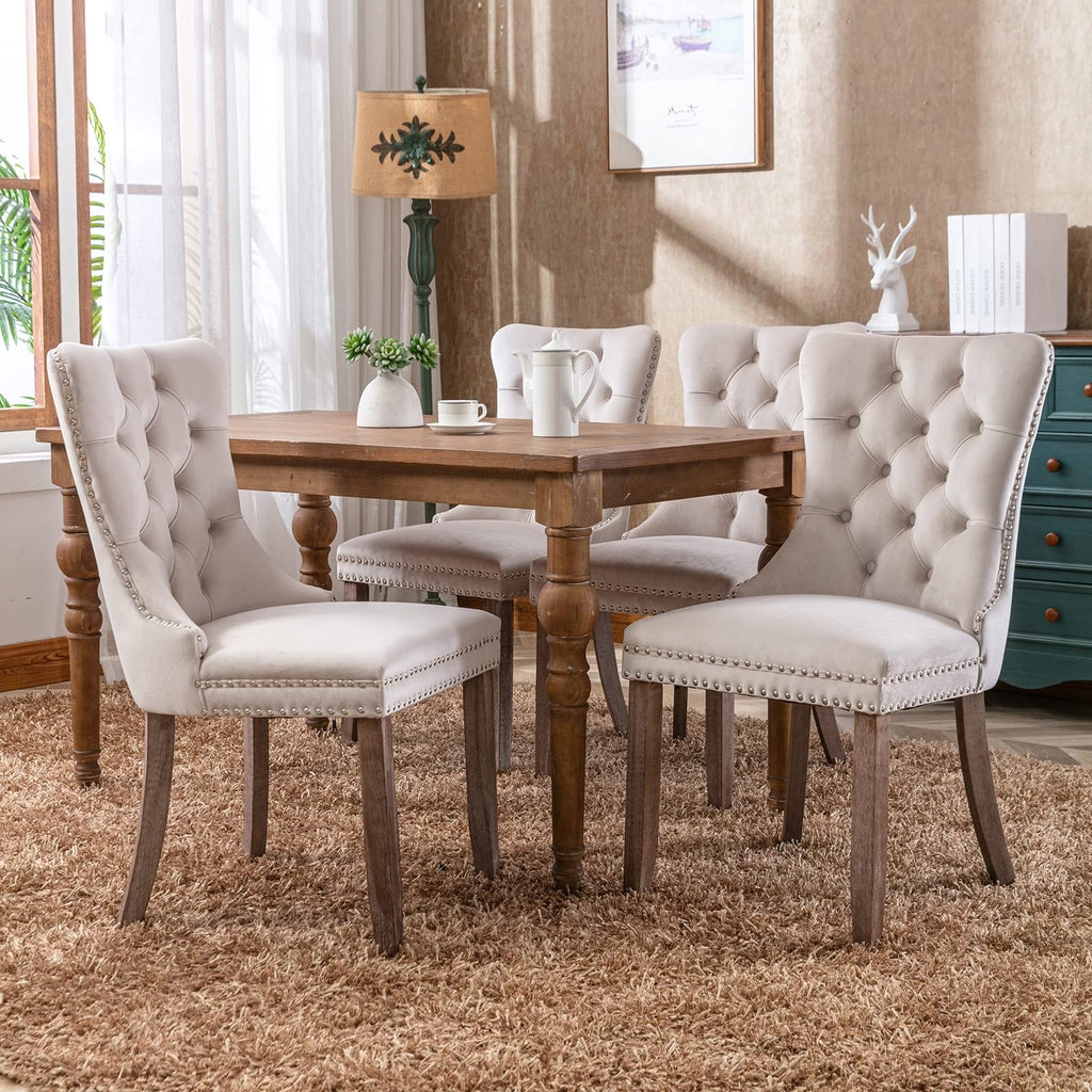 Beige Velvet Dining Chairs Set of 6, Tufted Kitchen & Dining Room Chairs