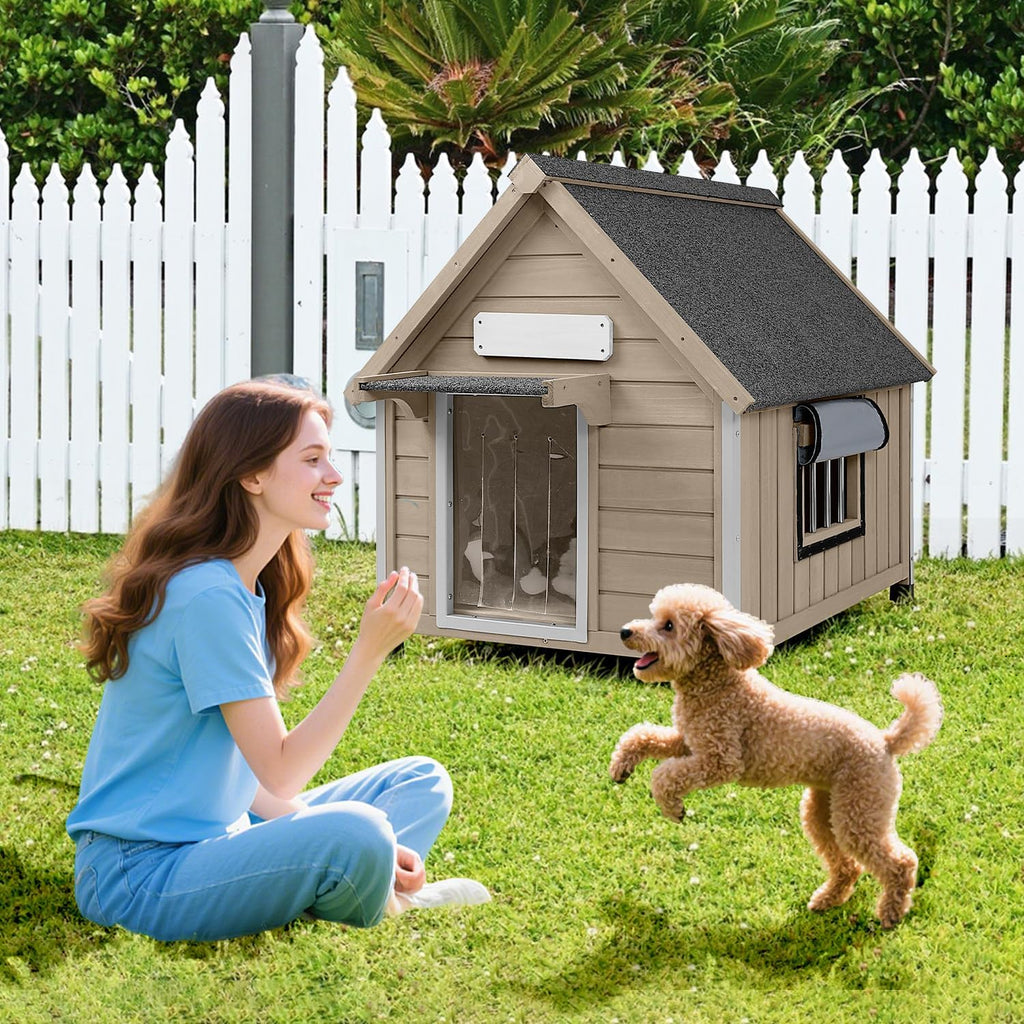 Outdoor Dog House for Small to Medium Dogs, Wooden Weatherproof Kennel