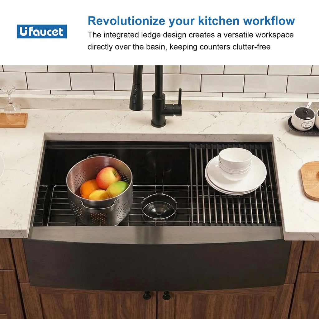 33 Inch Black Farmhouse Sink, 33x20x9 Undermount Gunmetal Black Apron Front Farm Ktichen Sink Stainless Steel Single