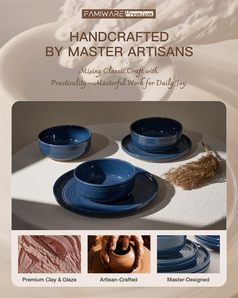 Ceramic Dinnerware Set for 8, Plates & Bowls, Abyssal Blue