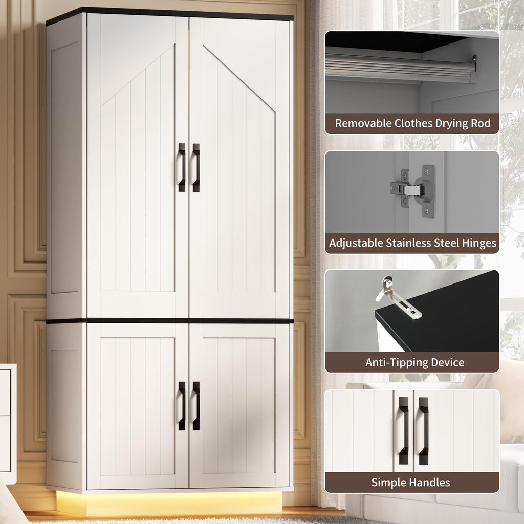 White Armoire Wardrobe Closet with 2 Doors and LED Lights