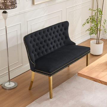 45.6" Velvet Dining Bench with Back, Tufted Entryway Bench, Black