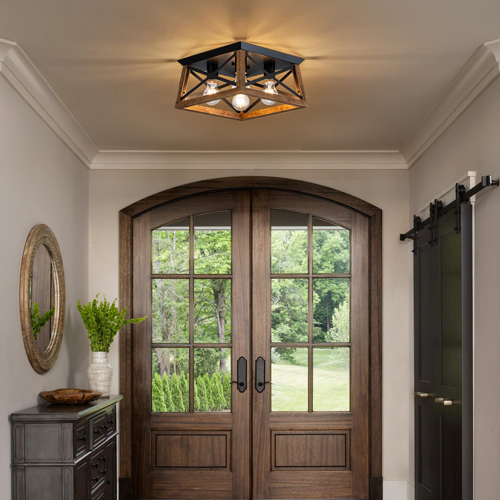 4-Light Famrhouse Light Fixture, Rustic Ceiling Light with Wood and Metal Frame, Farmhouse Flush Mount Ceiling Light