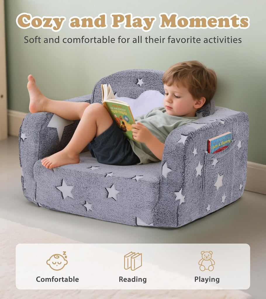 Kids Couch, in-1 Soft Toddler Couch Fold Out with with Blanket and Cloud Pillow, Glow in The Dark, Toddler Chair