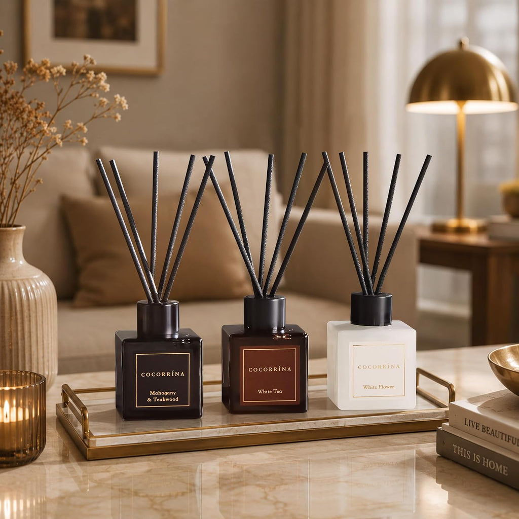 Hotel Collection Reed Diffuser Set, 1.7 fl oz Trio, Mahogany Teakwood, White Flower & White Tea, Home Fragrance