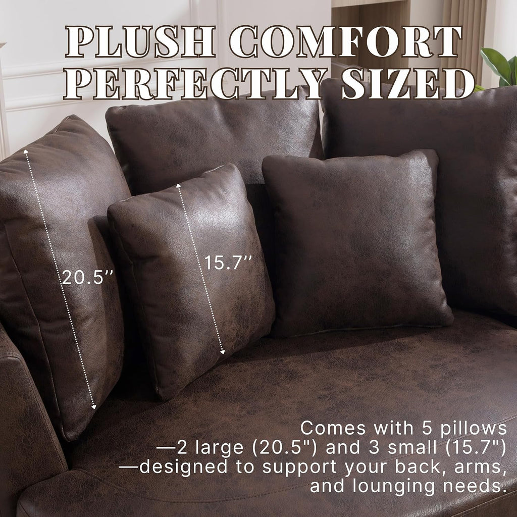54.9''W Oversized Accent Barrel Chair, Upholstered Faux Leather Comfy Couch Sofa with 5 Pillows, Studio, Brown.