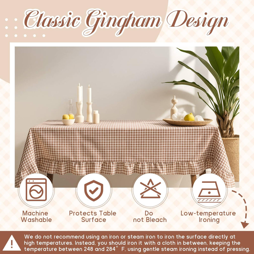 Brown Ruffled Gingham Tablecloth, 52 x 70 Inches, Rectangle