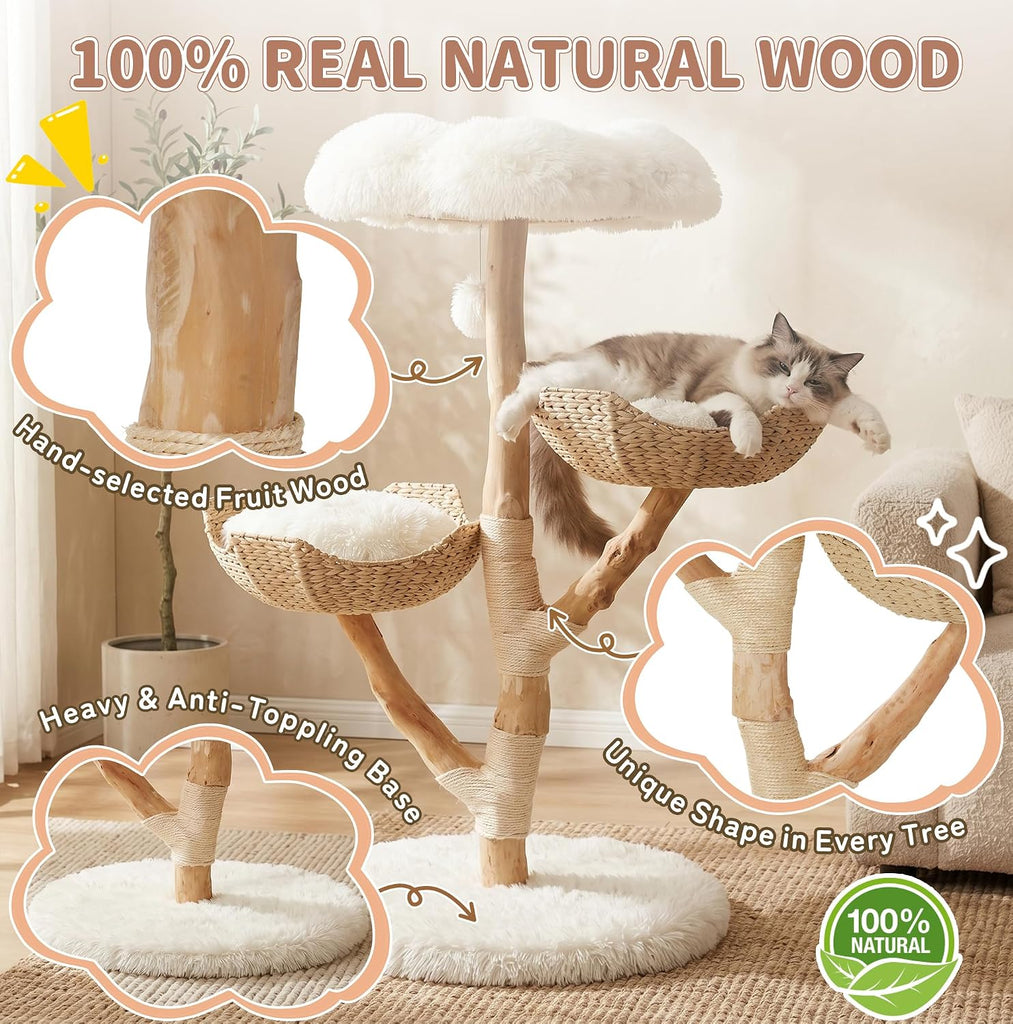 44.5-Inch Natural Wood Cat Tree with 2 Handwoven Baskets