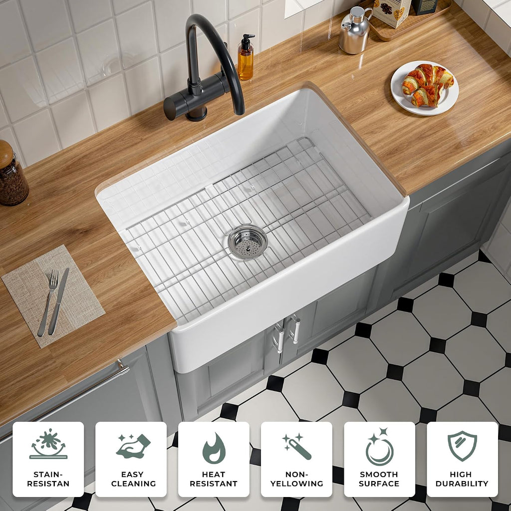 Fireclay Apron Front Farmhouse Sink 27" White for Laundry,Kitchern | 27"x18x10 Inch Farm Sink Heavy Duty Fireclay