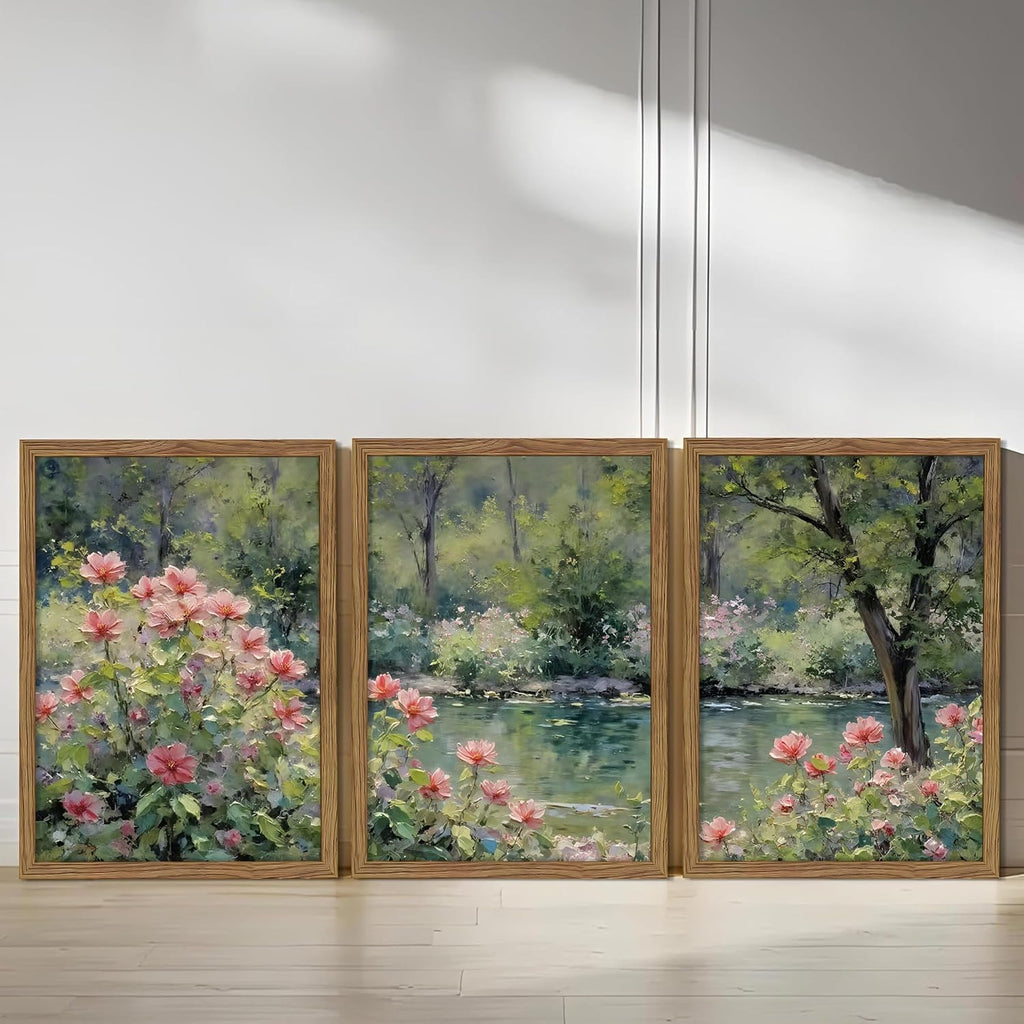 Framed Monet Wall Art Set of 3, Impressionist Botanical Floral Canvas Wall Decor, Vintage Cottagecore Artwork