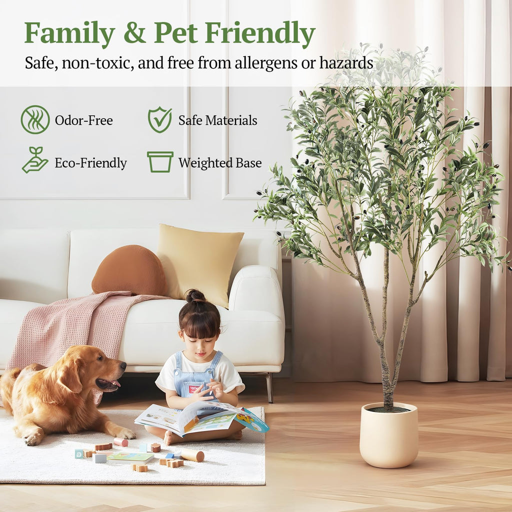 Large Olive Trees Artificial Indoor 7FT, Upgraded Faux Olive Tree with Realistic Leaves and Fruits, Heavy Base
