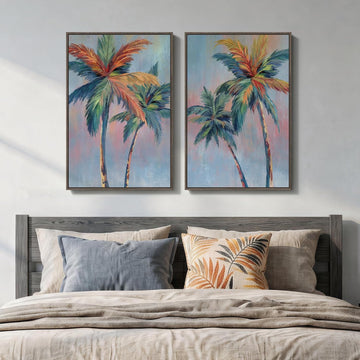 Large Framed Coastal Colorful Palm Tree Wall Art - Set of 2