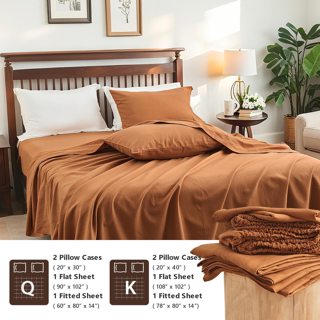 Flax Linen Sheet Set, 4PCS Natural Linen Cotton Bed Sheet with 1 Flat Sheet, 1 Fitted Sheet & 2