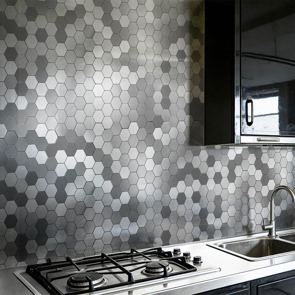 10-Pack Metal Peel and Stick Backsplash Tile, Silver Hexagon