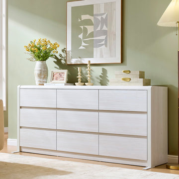63" Wide Large with 9 Drawers, White, Mid Century Modern & Chest of Drawers, Rounded Corner, Wood Storage Organizer