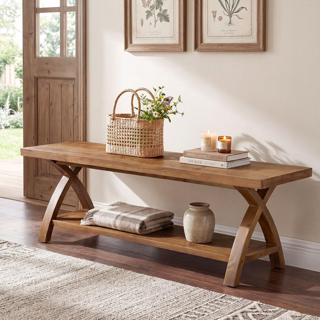 47.24" Solid Wood Entryway Bench with Shoe Storage, 2-Tier Rustic Indoor Bench, Foyer, Hallway
