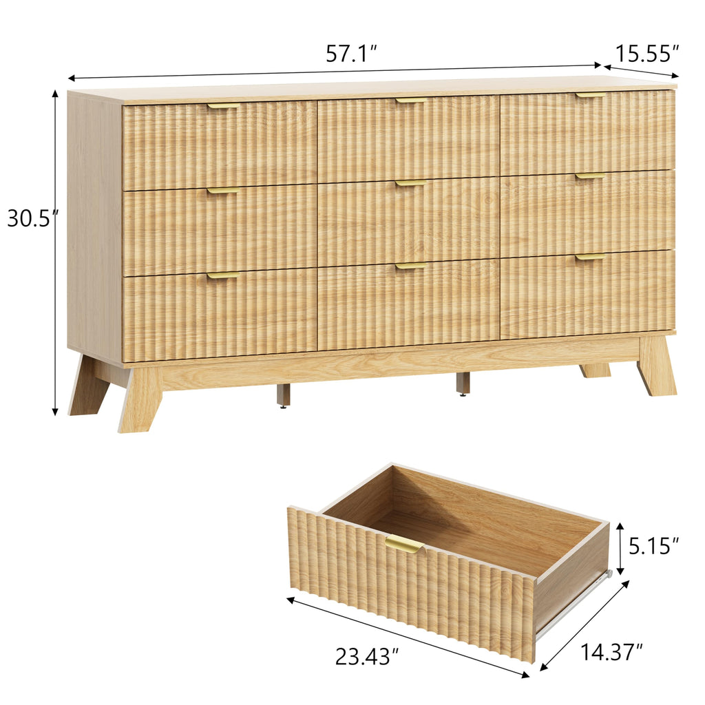 9 Drawer Fluted Dresser, Mid Century Modern Wooden Dresser with 9 Drawers, with Metal Handle, TV Stand & Storage